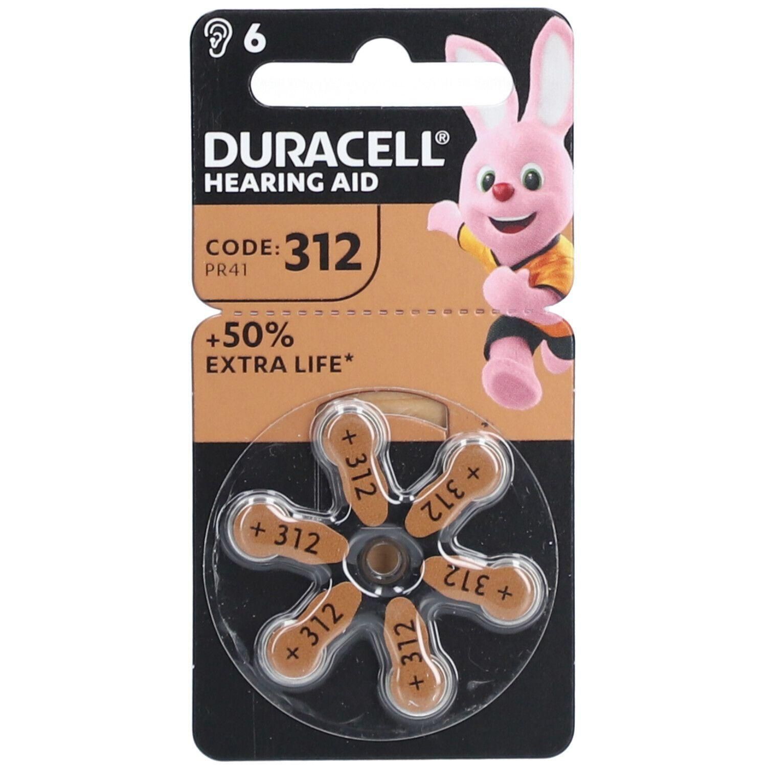 Piles auditives Duracell, code 312, 6 piles sous blister.