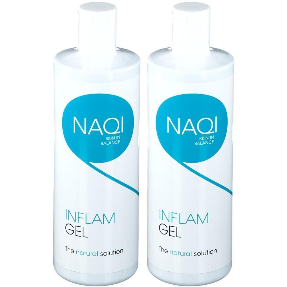 Deux flacons de NAQI Inflam Gel avec bouchon blanc et logo bleu.