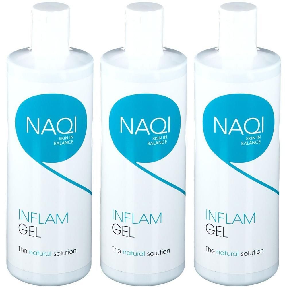 Trois flacons blancs de NAQI Inflam Gel avec étiquette bleue.