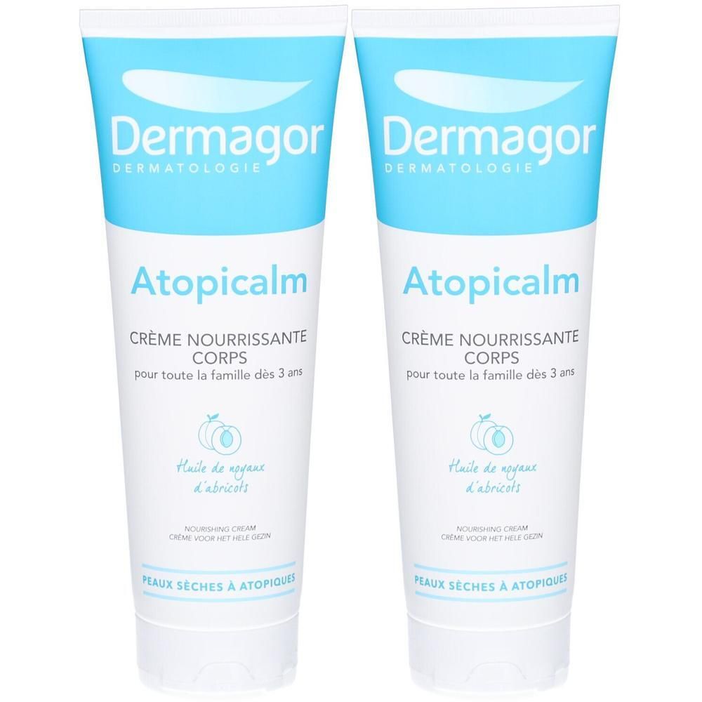 Deux tubes de crème nourrissante Dermagor Atopicalm pour peaux sèches et atopiques.