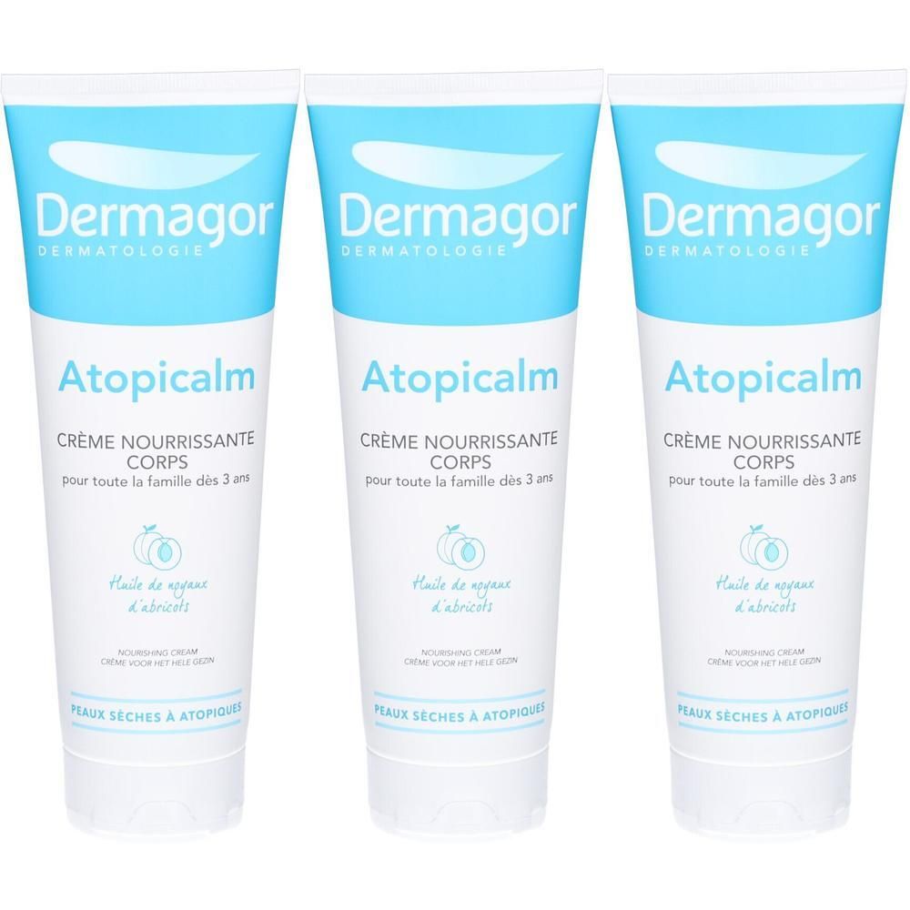 Trois tubes de crème nourrissante Dermagor Atopicalm pour peaux sèches et atopiques.