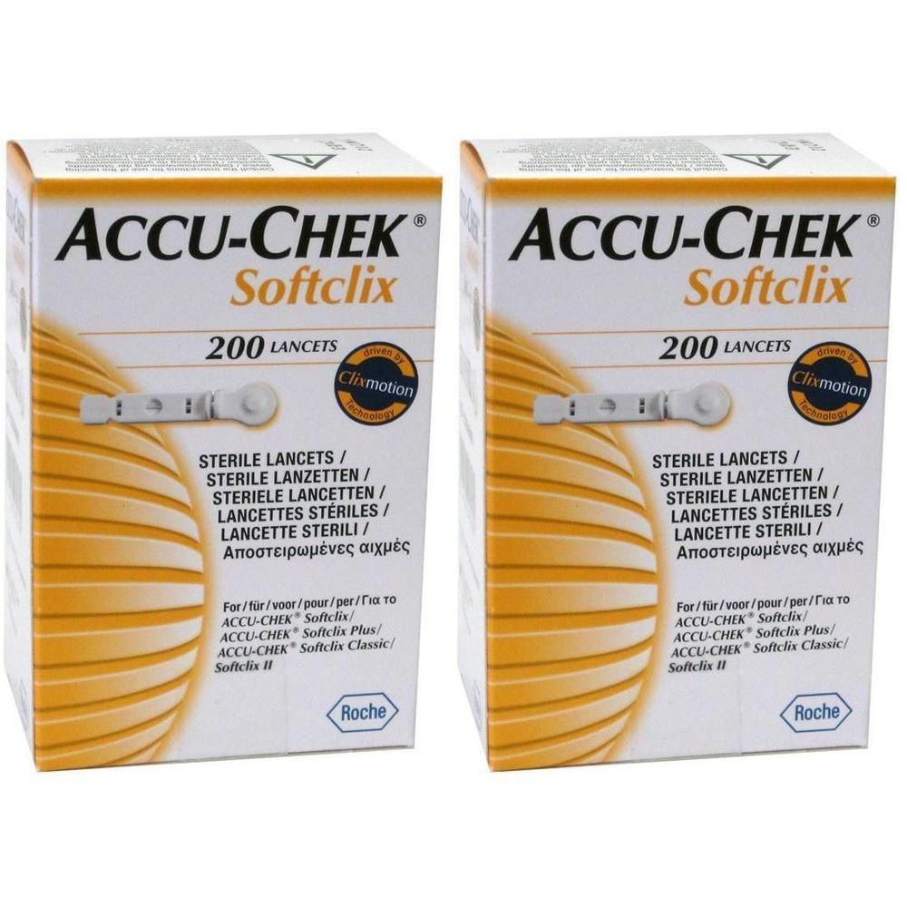 Deux boîtes de 200 lancettes stériles Accu-Chek Softclix. Pour glucomètres.