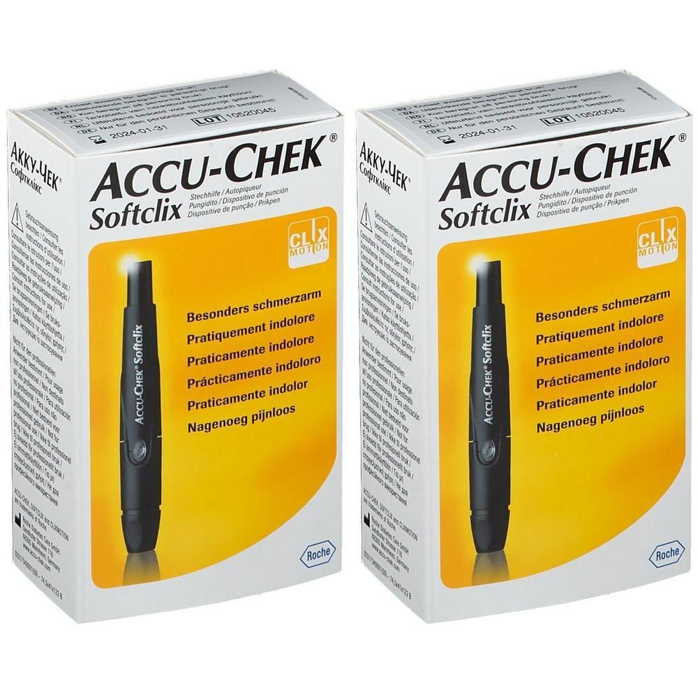 Twee verpakkingen Accu-Chek Softclix lancetapparaten. Elke verpakking toont een lancetapparaat en tekst.