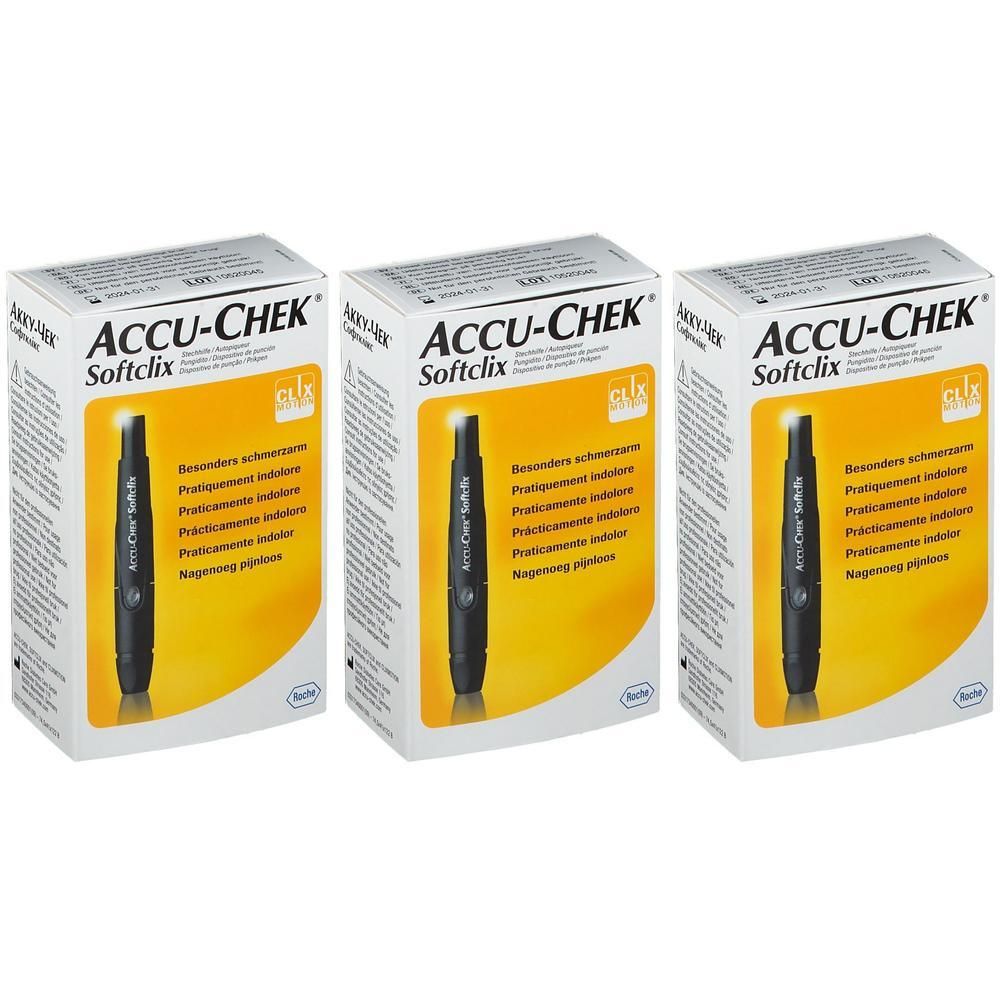 Trois boîtes d'autopiqueurs Accu-Chek Softclix. Chaque boîte montre un autopiqueur.
