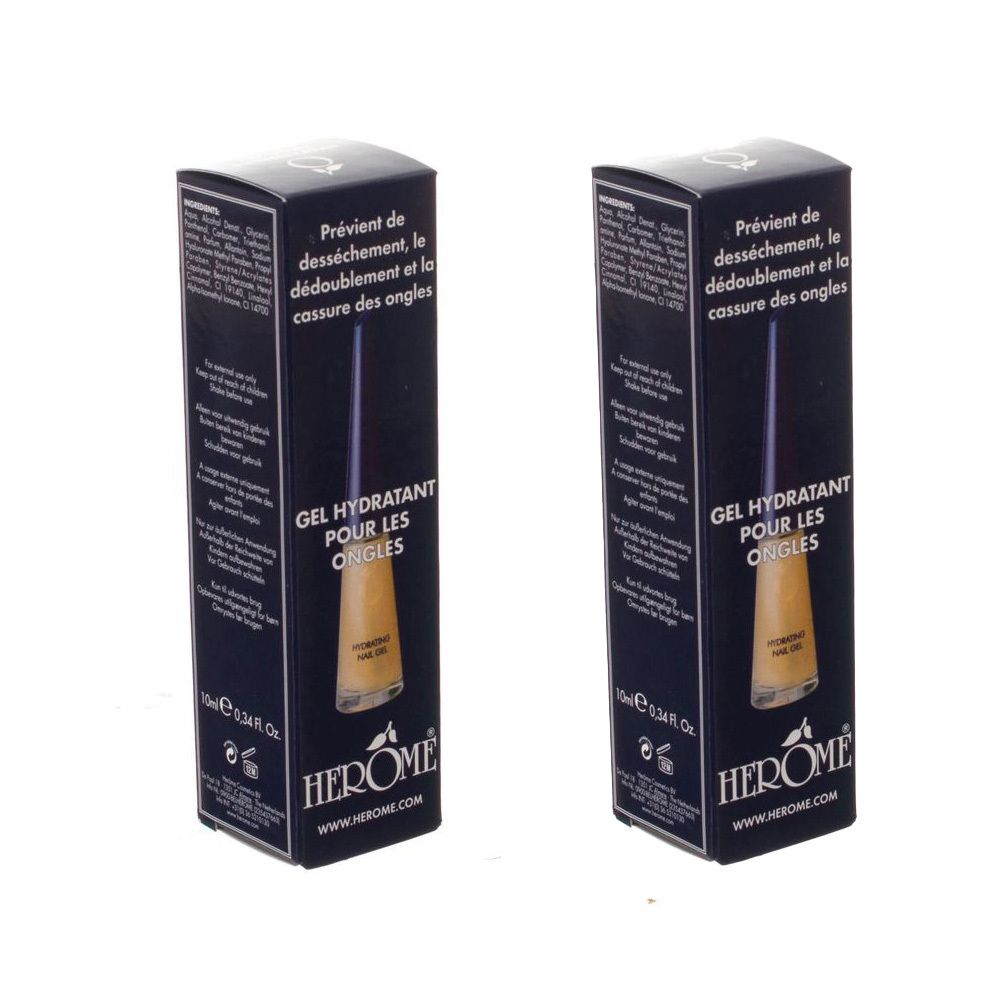 Deux boîtes de Herôme Gel Hydratant Pour Les Ongles. Emballage bleu foncé avec image du produit et texte.