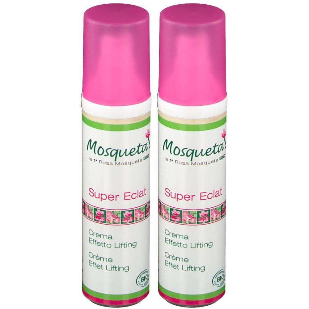 Deux flacons de Mosqueta's Rose Super Eclat Creme avec bouchons roses.