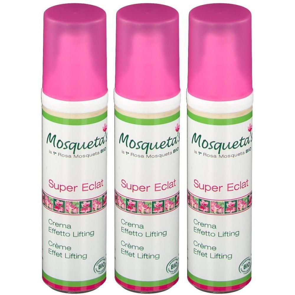 Drie flacons Mosqueta's Rose Super Eclat Creme met roze doppen.