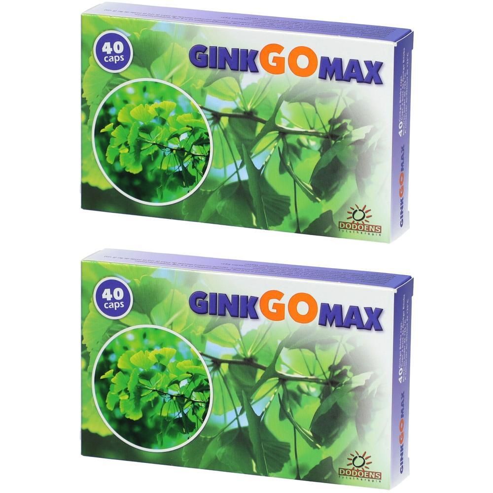 Twee verpakkingen Ginkgomax capsules, elk 40 stuks, met ginkgo bladeren.