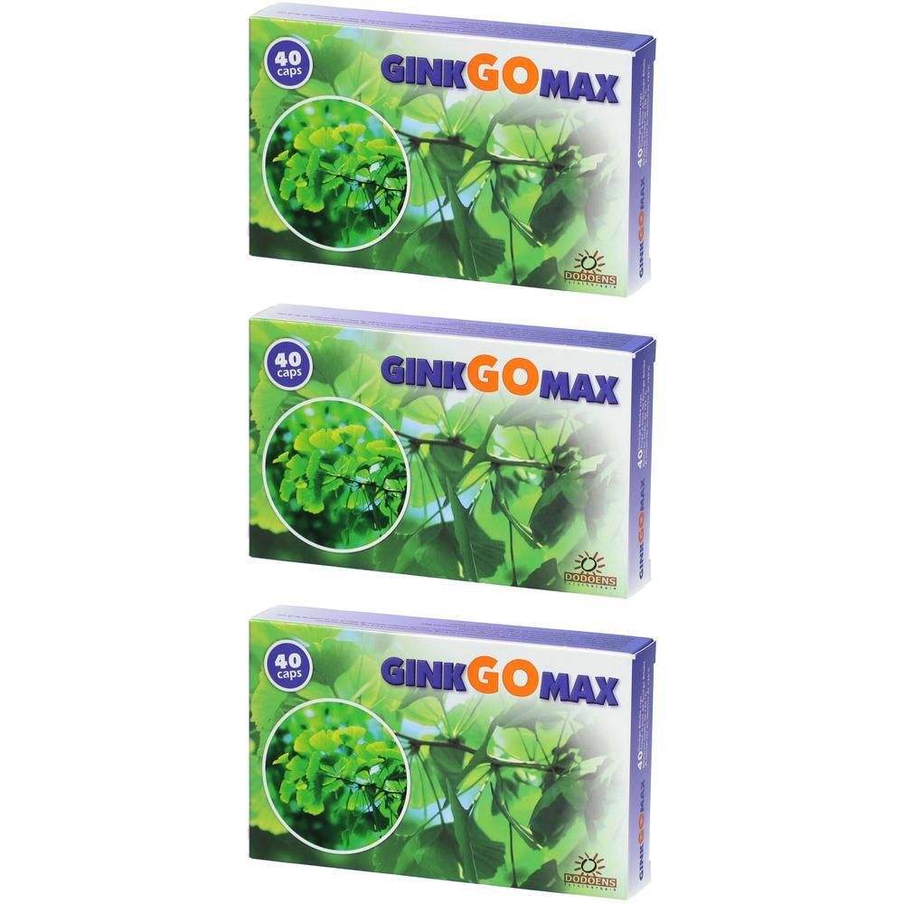 Drie pakken Ginkgomax met elk 40 capsules, met ginkgo bladeren op de voorkant.