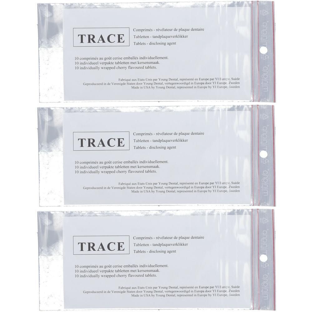 Drie individueel verpakte TRACE tabletten voor plaque-indicator, kersensmaak.