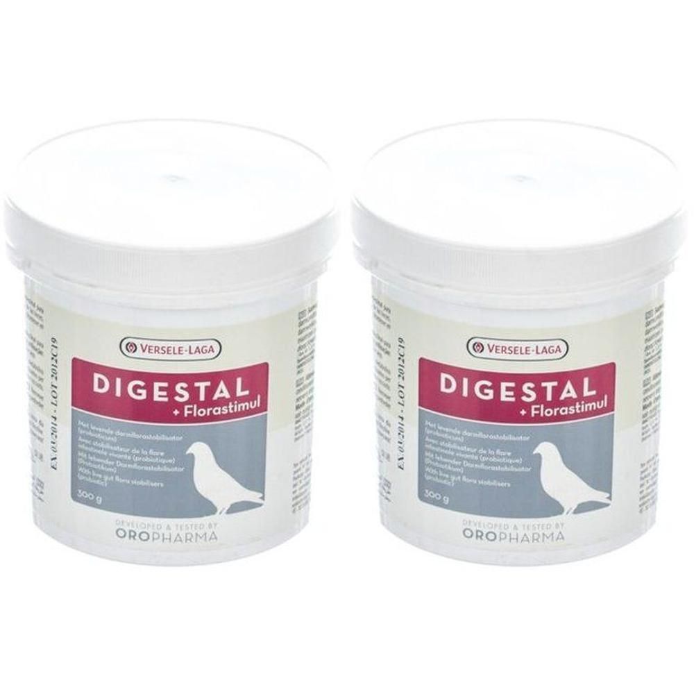 Deux boîtes de Digestal + Florastimul par Oropharma. Contenants blancs avec étiquette montrant un pigeon.