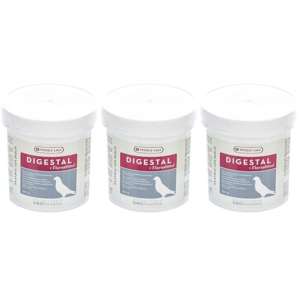 Trois boîtes de Digestal + Florestim avec une image de pigeon.