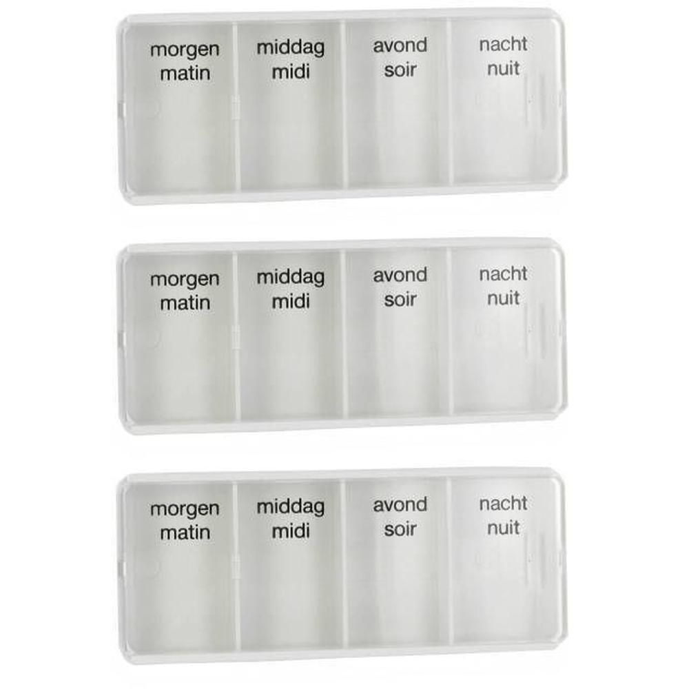 Drie doorzichtige pillendoosjes met elk vier vakjes: morgen, middag, avond, nacht.