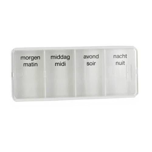 Boîte à médicaments en plastique transparent avec 4 compartiments : matin, midi, soir, nuit.