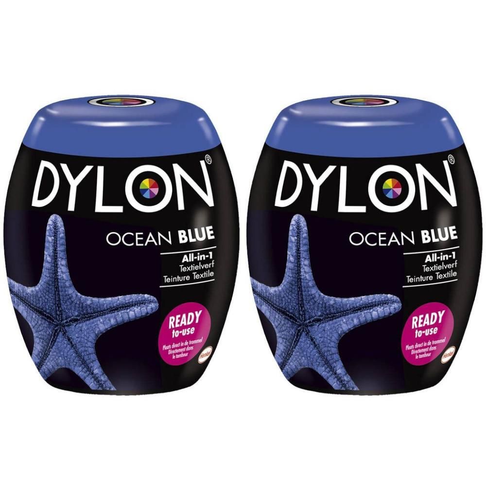 Twee Dylon textielverfkleuren Oceaanblauw met zeester-motief.