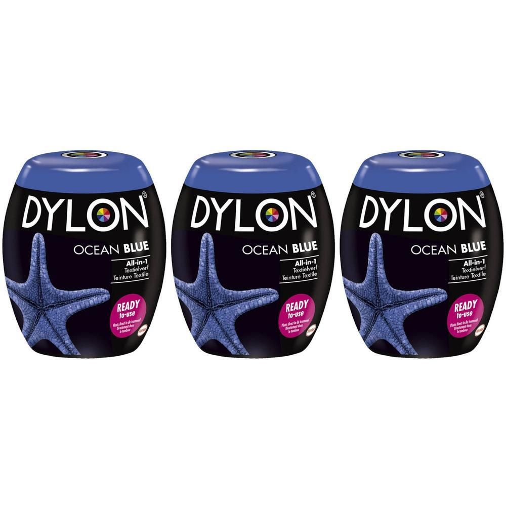 Trois contenants de teinture Dylon Bleu Océan avec motif étoile de mer.