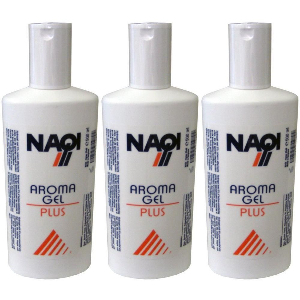 Drie witte flessen NAQI Aroma Gel Plus met klapdoppen.