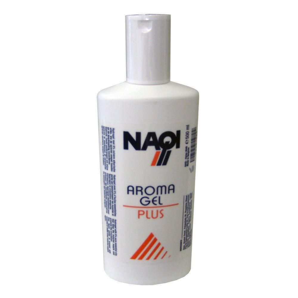 Witte fles met NAQI Aroma Gel Plus etiket en witte klapdop.