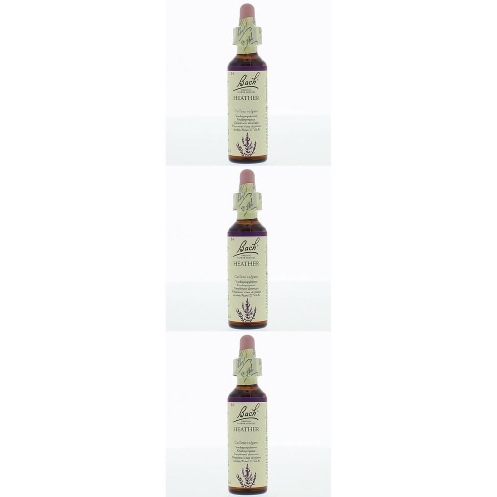 Drie flesjes met druppeldop, etiket 'Bach HEATHER' en lavendelmotief.