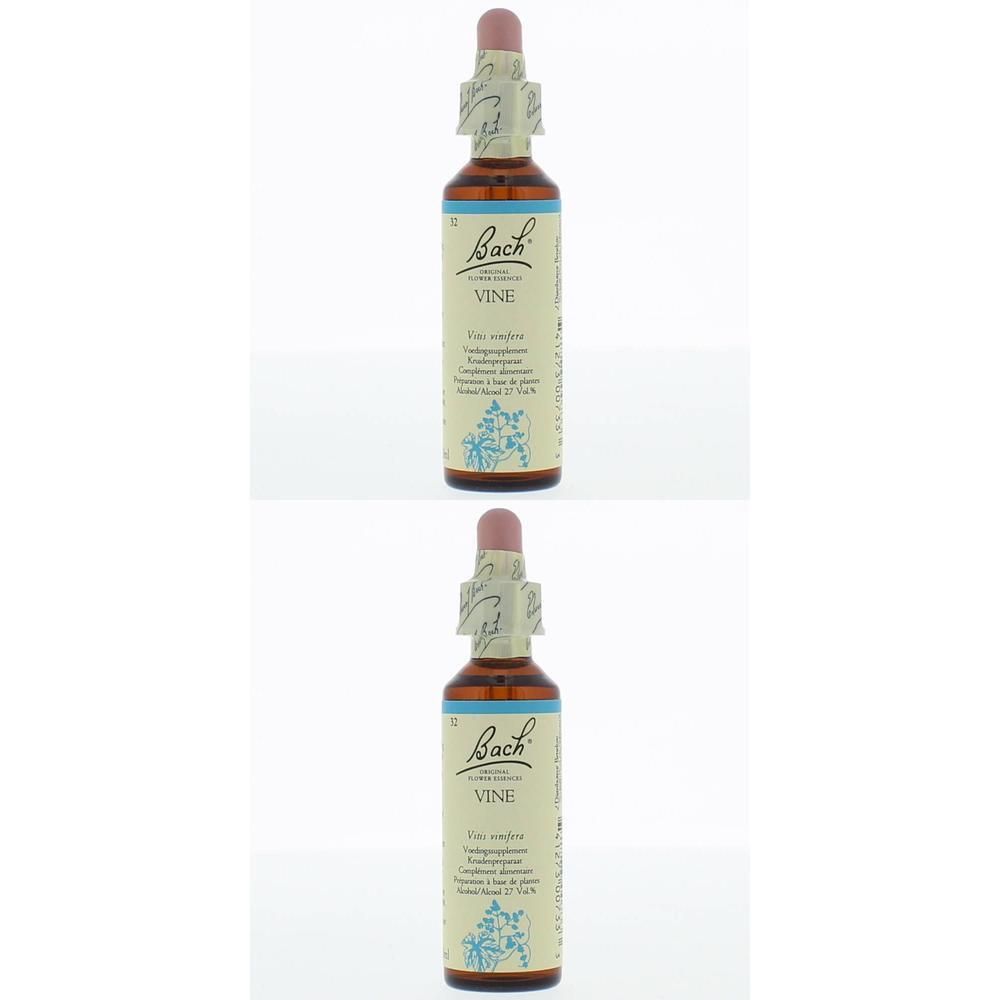 Deux flacons d'élixir floral Bach Vine avec compte-gouttes et étiquette.
