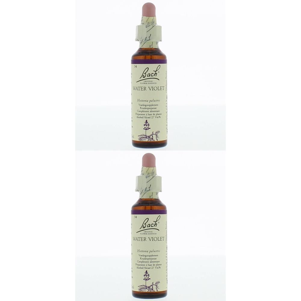 Deux flacons de gouttes de fleurs de Bach Water Violet avec compte-gouttes et étiquette.