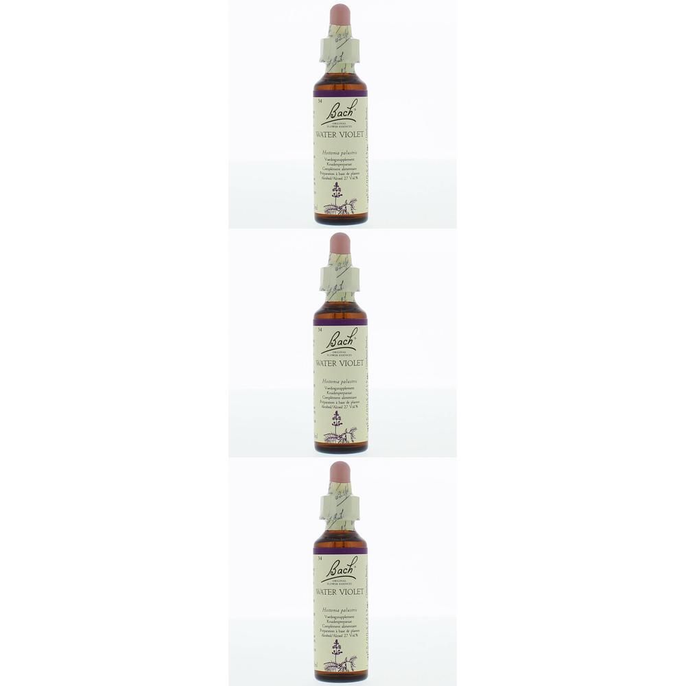 Trois flacons en verre avec bouchon compte-gouttes, contenant l'élixir de Fleur de Bach Water Violet.