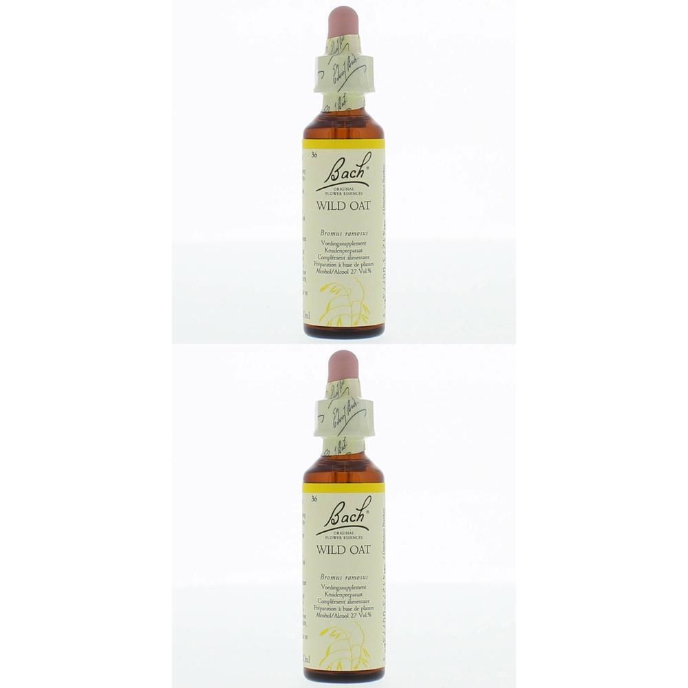 Twee flesjes Bachbloesem Wild Oat met druppeldop en etiket.