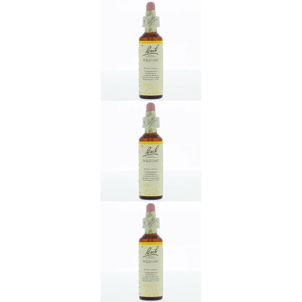 Drie flesjes Bach bloesem Wild Oat met druppeldop en etiket.