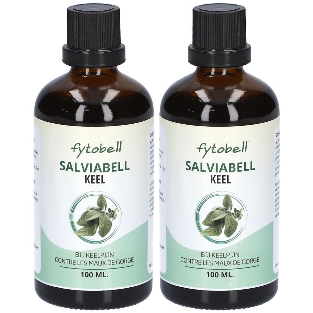 Deux flacons de Fytobell Salviabell Keel, 100 ml chacun. Flacons en verre brun avec bouchons noirs.