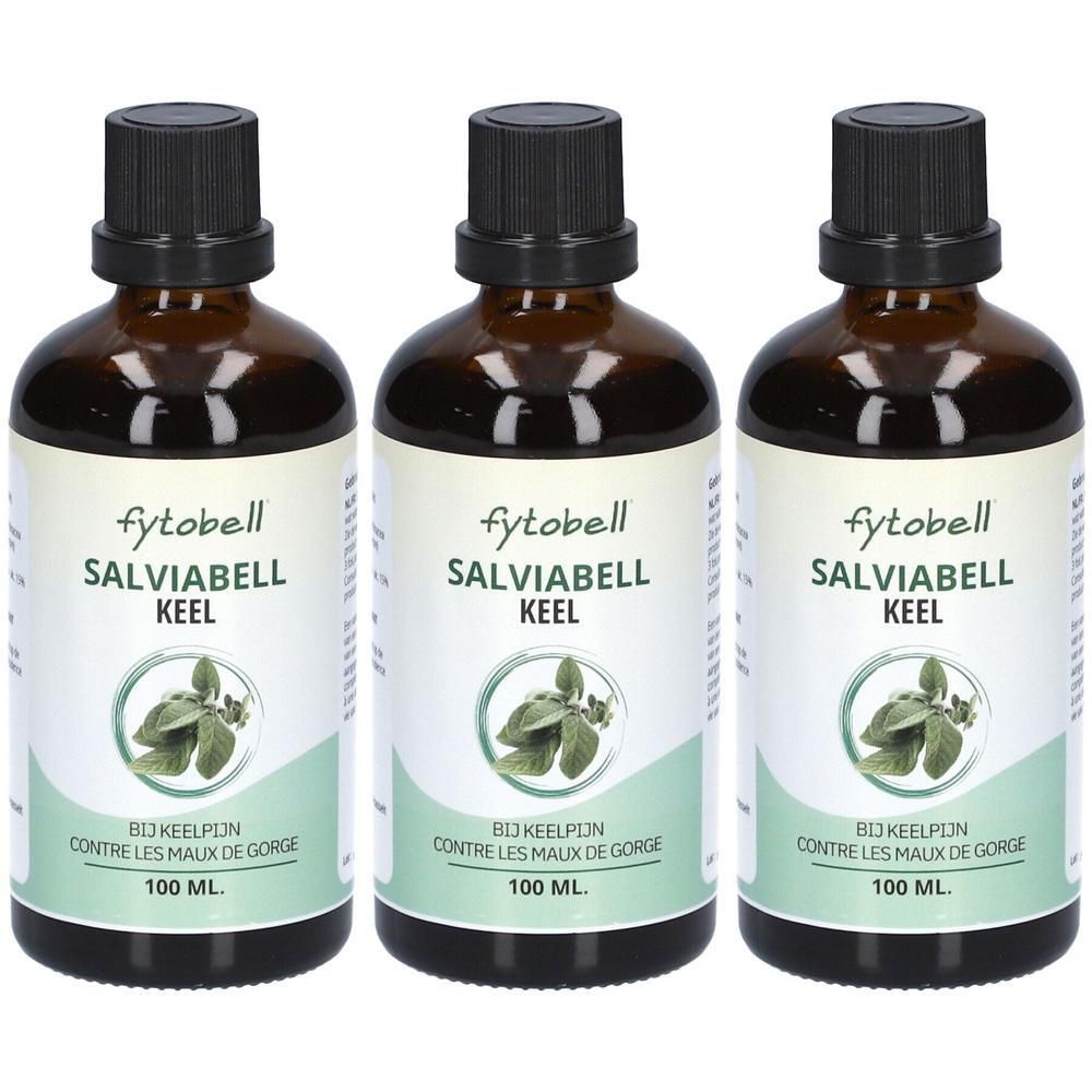 Drie flessen Fytobell Salviabell Keel, elk 100 ml. Bruine glazen flessen met zwarte schroefdop.