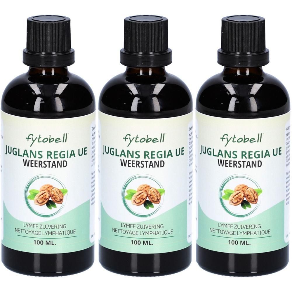 Trois bouteilles Fytobell Juglans Regia UE avec symbole de noix et indication 100ml.