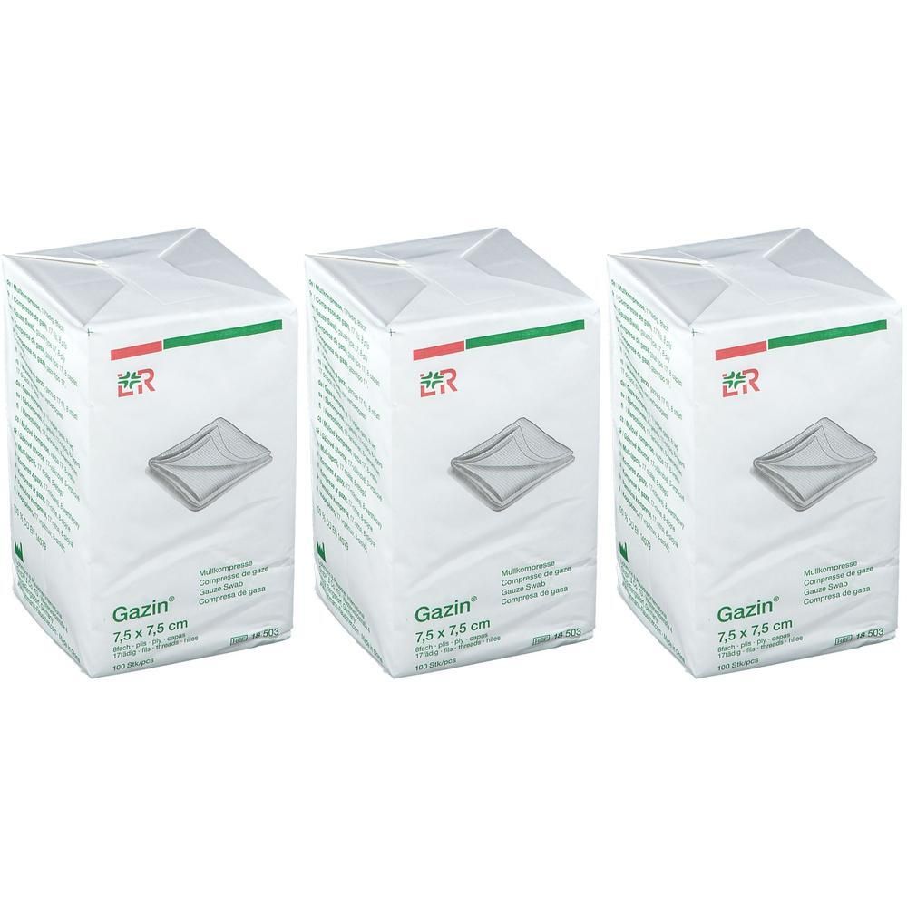 Trois paquets de compresses de gaze Gazin 7,5 x 7,5 cm. Emballage blanc avec logo rouge et vert.