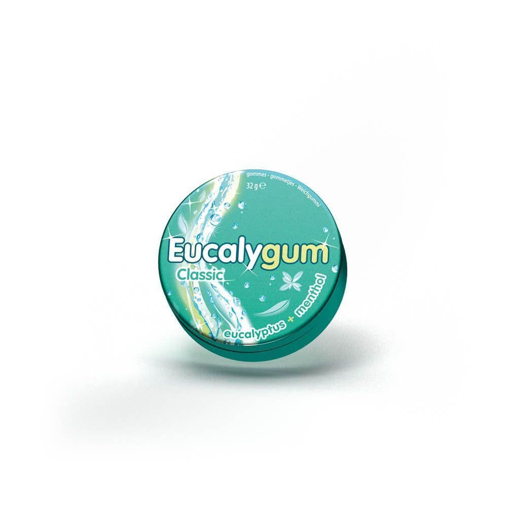 Bonbons Eucalygum Classic dans une boîte ronde, à l'eucalyptus et au menthol.