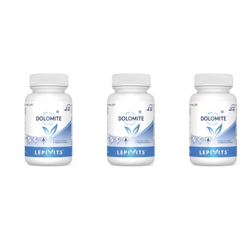 Drie flacons Lepivits Dolomite voedingssupplementen.