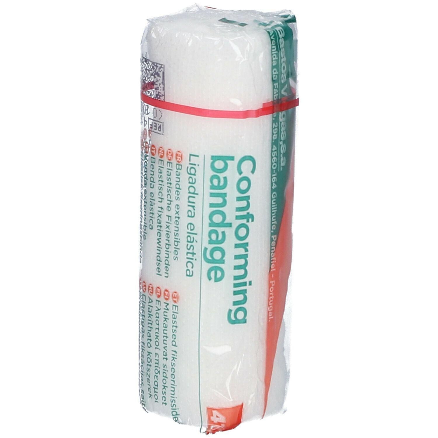 Bande élastique emballée, blanche, avec des accents rouges et verts.