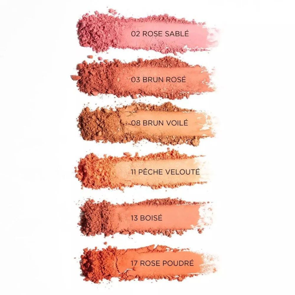 Zes aangebrachte T. LeClerc blush poeder kleurstalen met Franse labels.