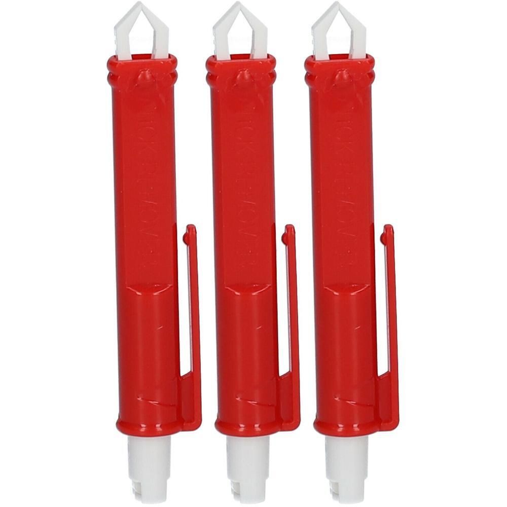 Drie rode tekenpincetten met witte punten en clips.