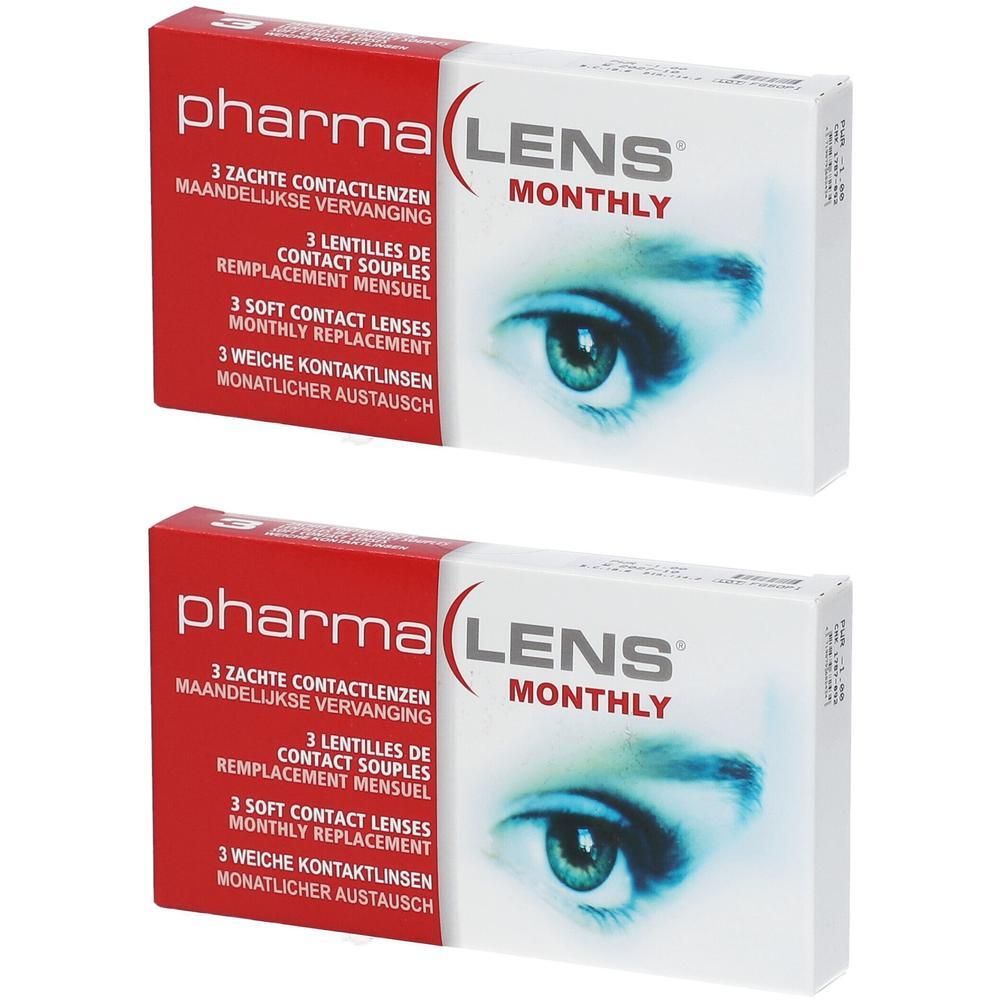 Deux boîtes de lentilles de contact PharmaLens, remplacement mensuel, 3 lentilles par boîte.