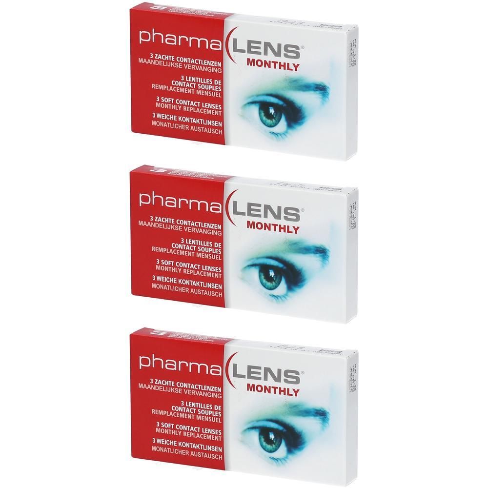 Drie pakken PharmaLens maandelijkse contactlenzen. Elke verpakking bevat 3 zachte contactlenzen.