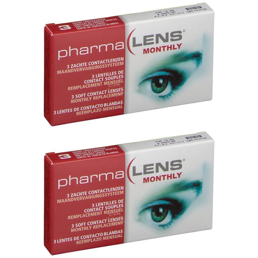Twee pakken PharmaLens maandelijkse contactlenzen, 3 lenzen per pak.