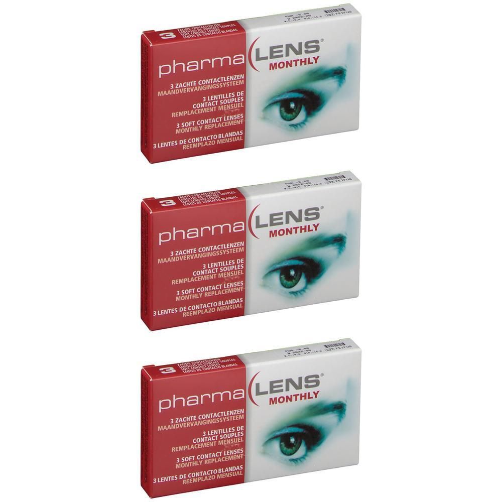 Trois boîtes de lentilles mensuelles PharmaLens avec image d'œil.