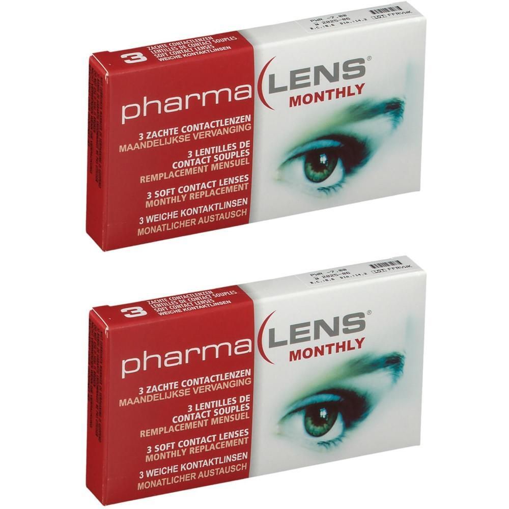 Twee pakken PharmaLens maandlenzen met elk 3 zachte contactlenzen.