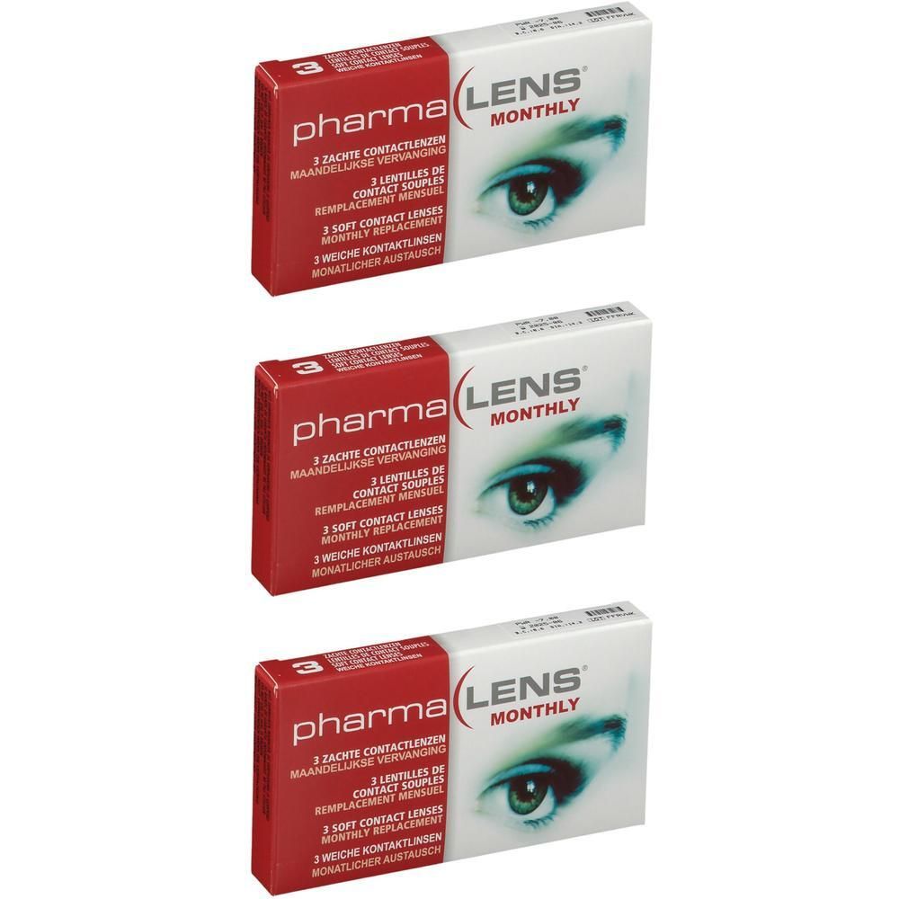Drie pakken PharmaLens maandlenzen. Rode en witte verpakking met oogafbeelding.