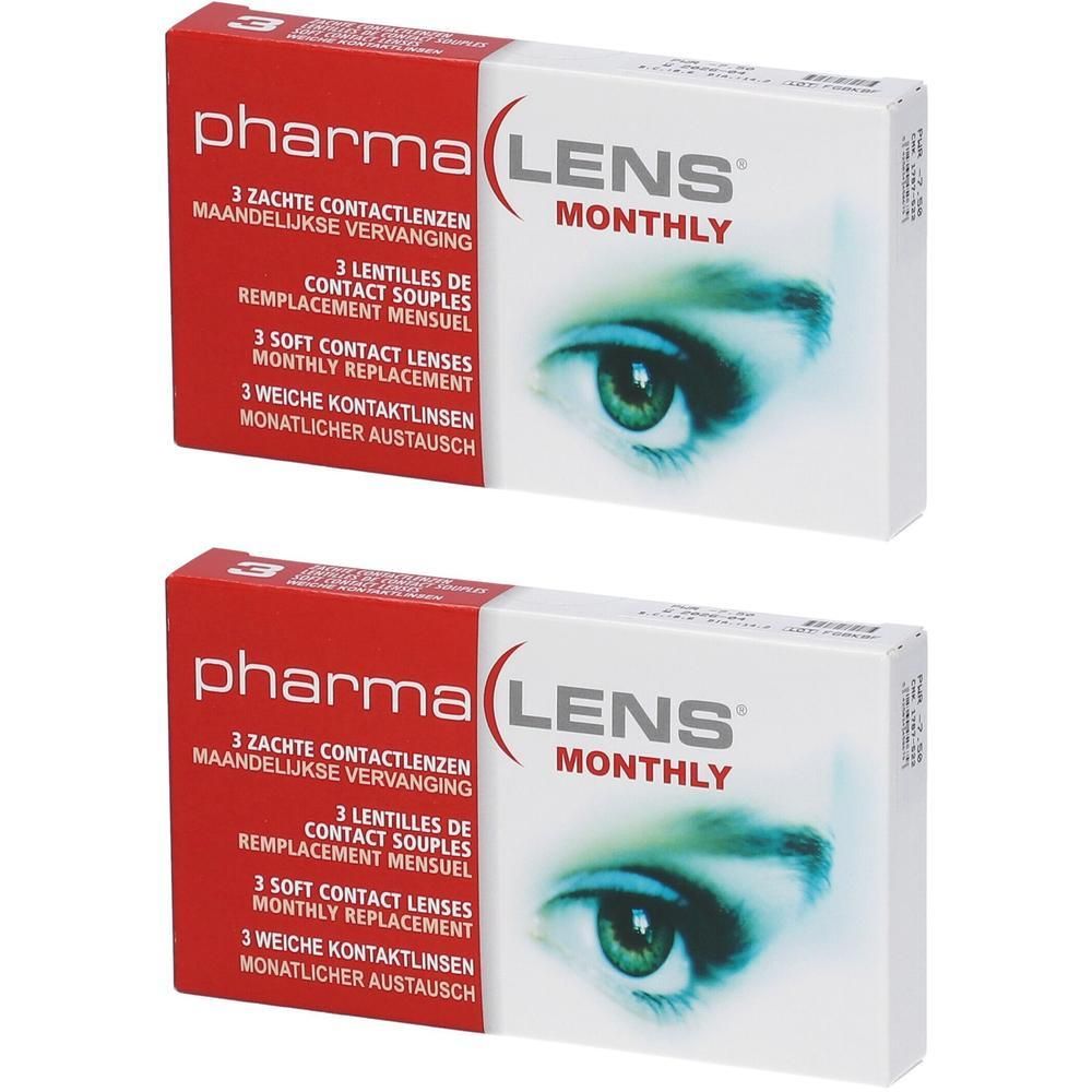 Deux boîtes de lentilles de contact PharmaLens Monthly, chacune contenant 3 lentilles pour remplacement mensuel.