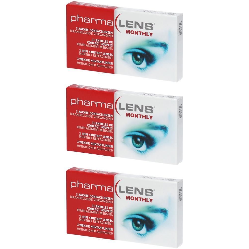 PharmaLens Monthly verpakking contactlenzen met oogafbeelding. Bevat 3 zachte lenzen.