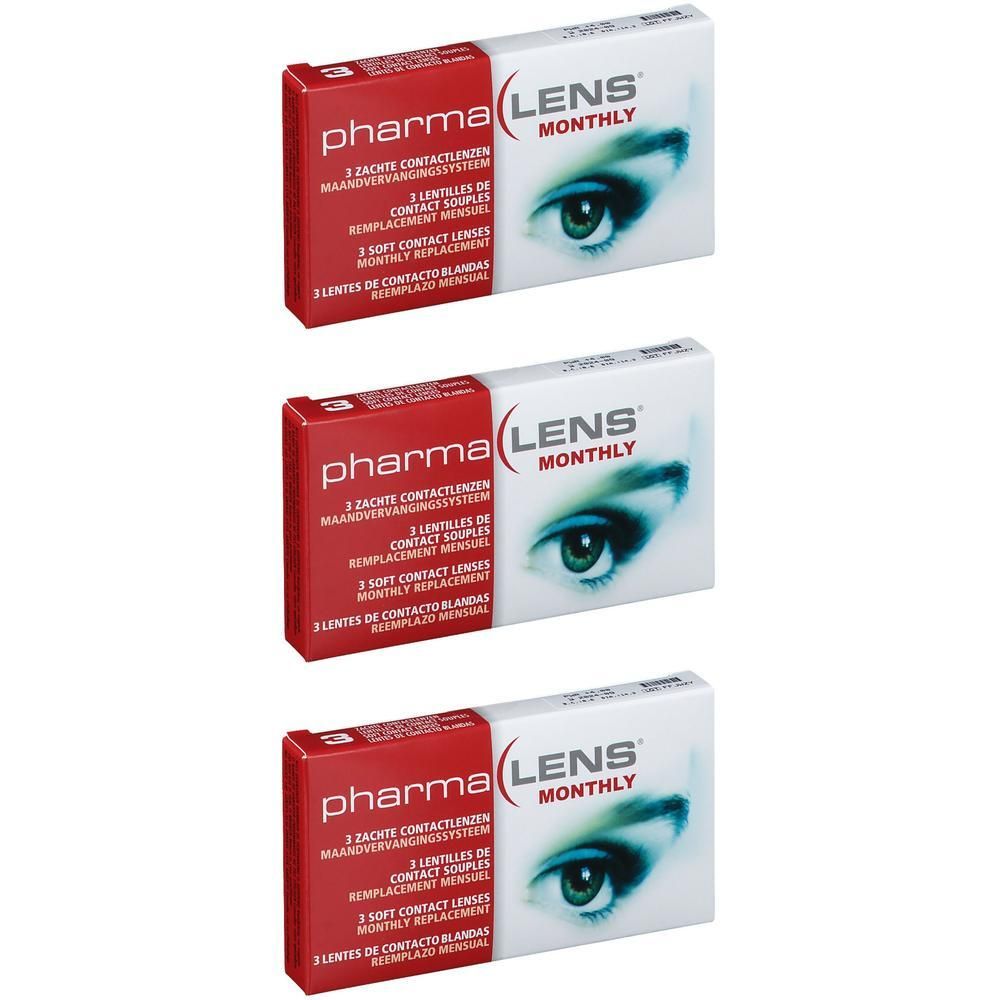 Trois boîtes de lentilles de contact PharmaLens (mensuelles). Emballage rouge et blanc avec un œil.