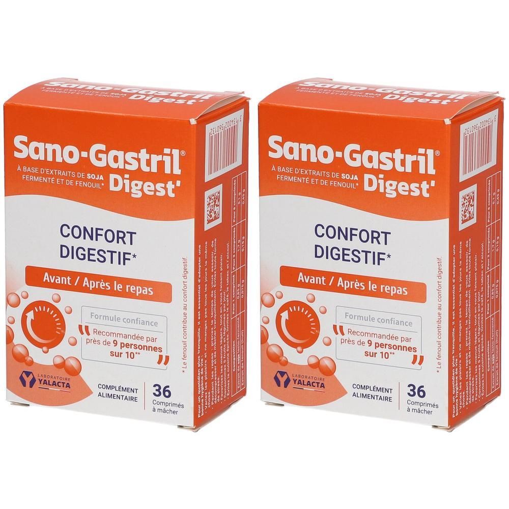 Twee doosjes Sano-Gastril Digest, elk 36 tabletten.
