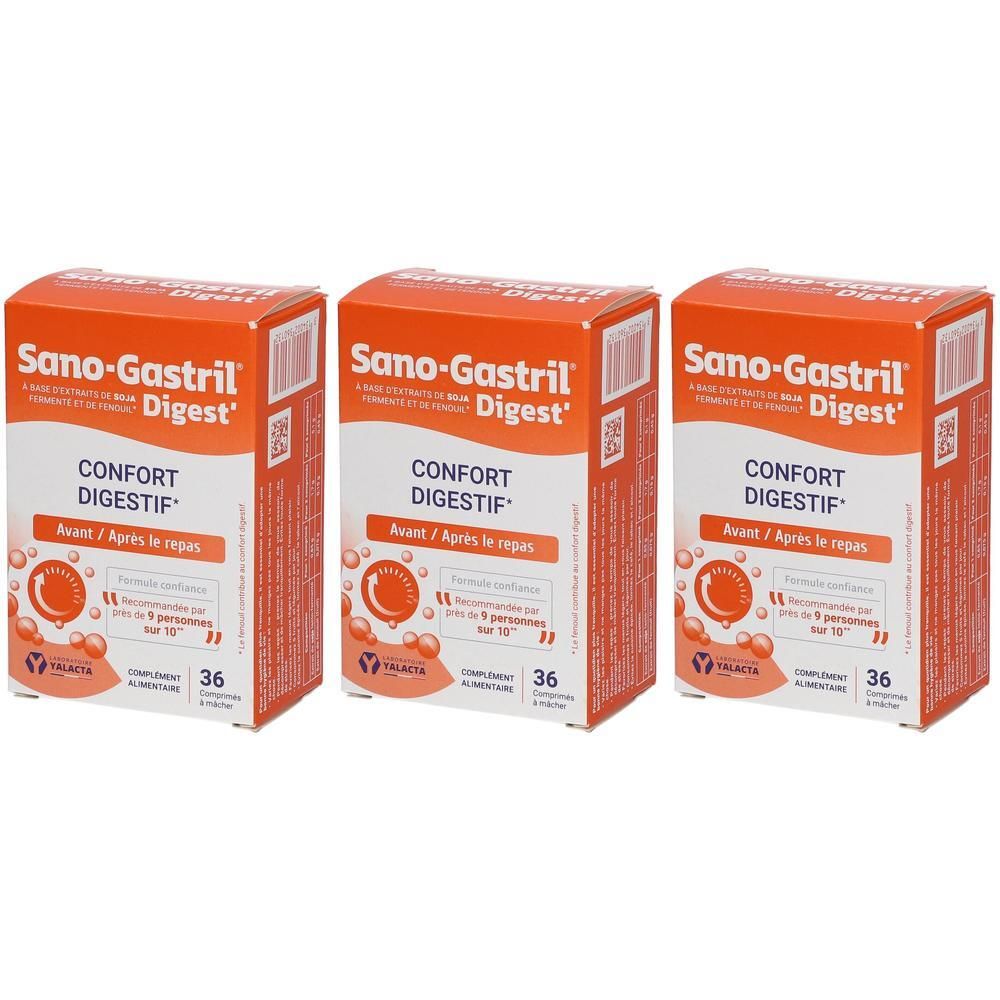 Trois boîtes de Sano-Gastril Digest, 36 comprimés chacune. Emballage orange et blanc.
