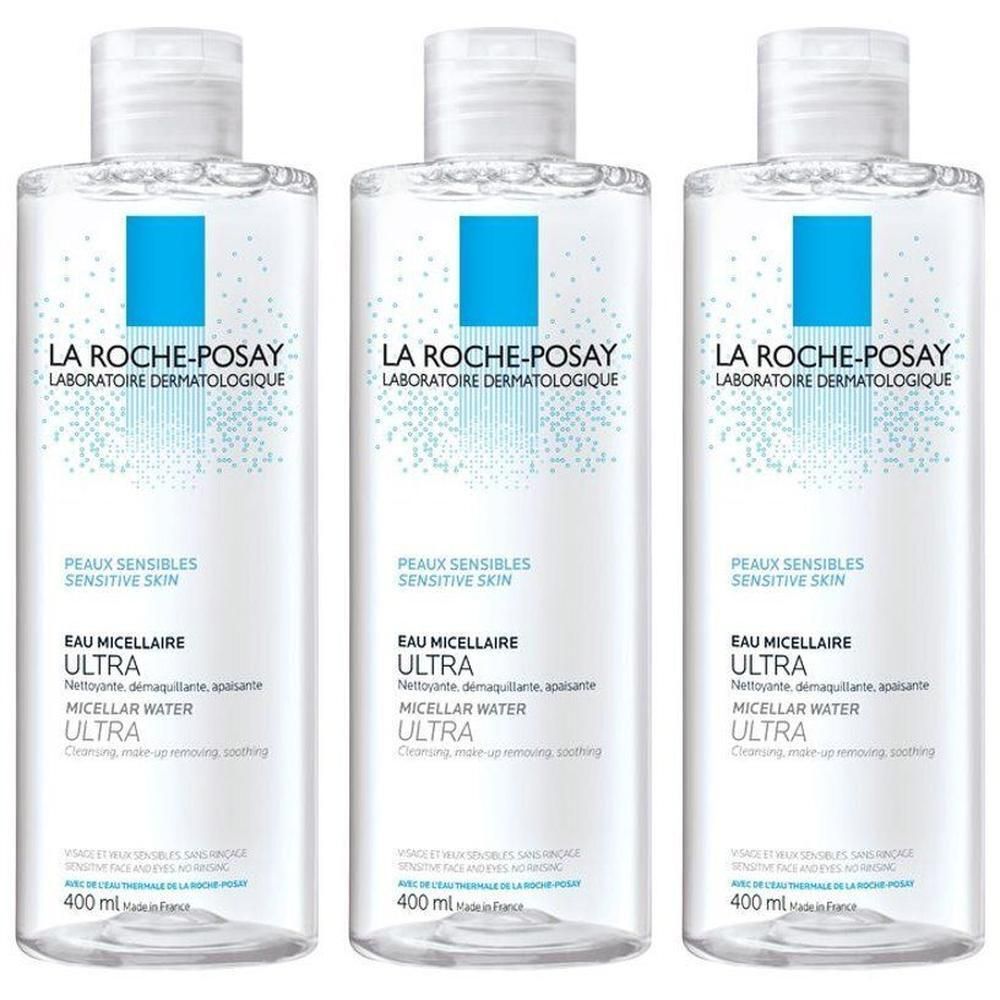 Drie flessen La Roche-Posay Ultra micellair water voor de gevoelige huid, 400 ml.