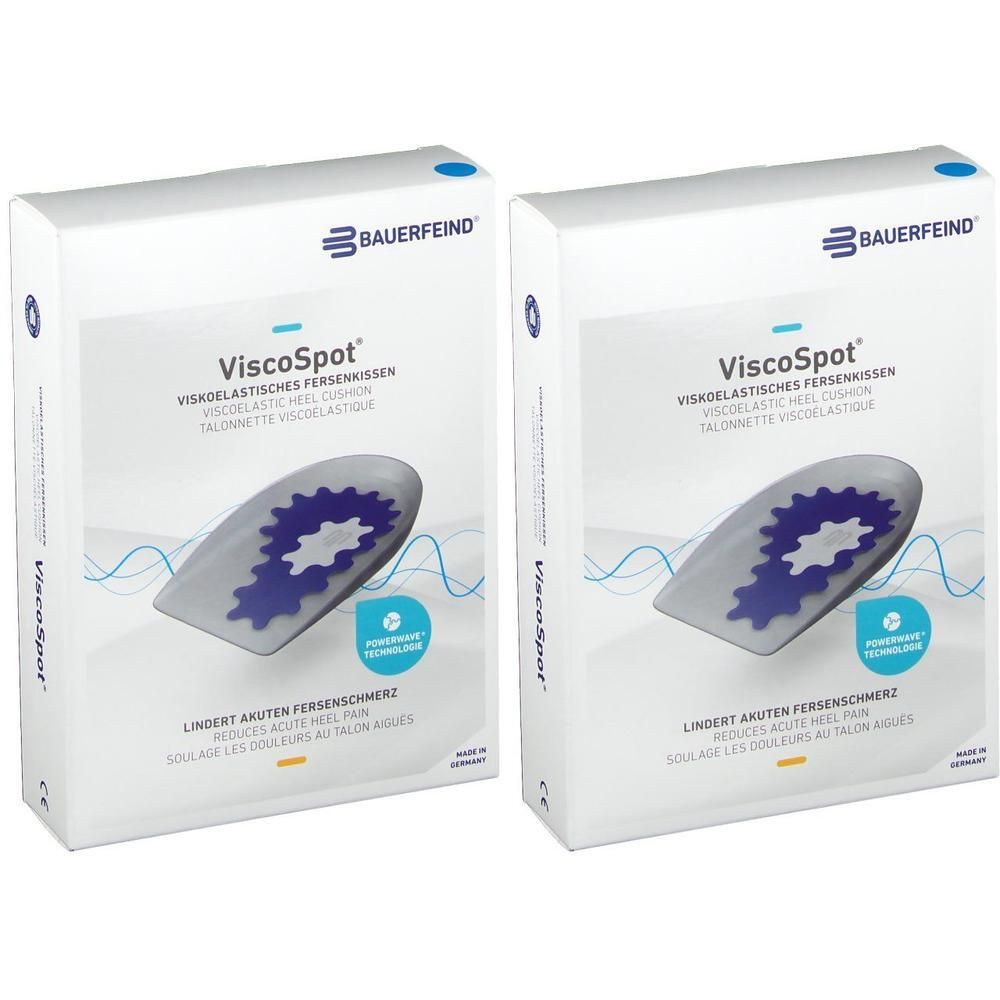 Twee verpakkingen Bauerfeind ViscoSpot hielkussens met blauw patroon.